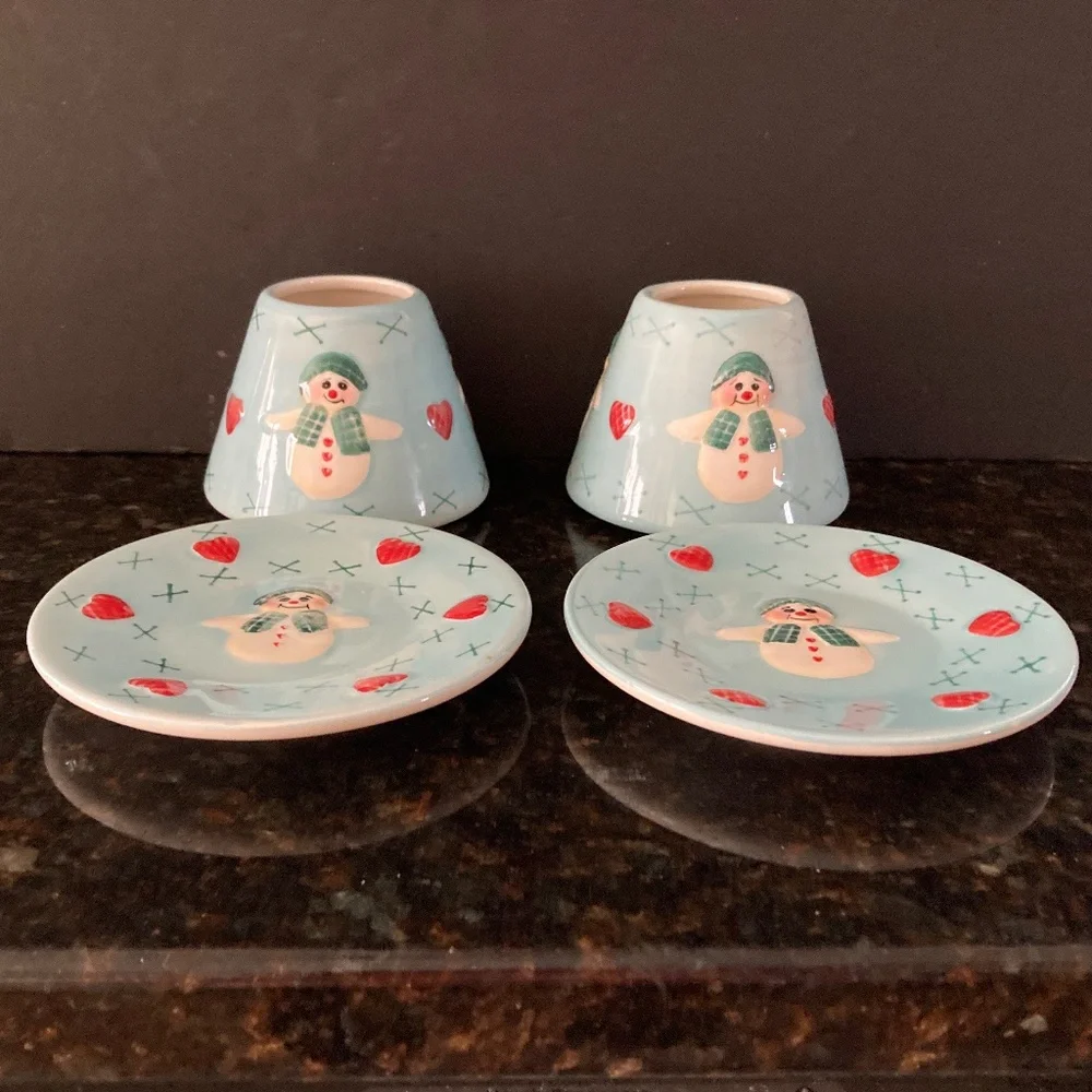 Valerie Parr Hill 2 Snowman & Red Hearts Plates & Shade Toppers/Holiday/NEW!